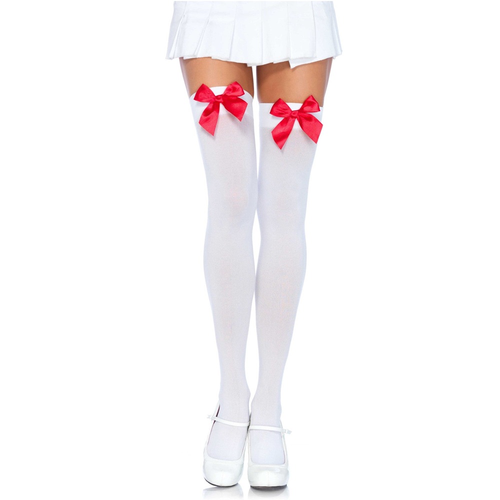 Leg Avenue Nylon Thigh Highs with Bow - White/Pink